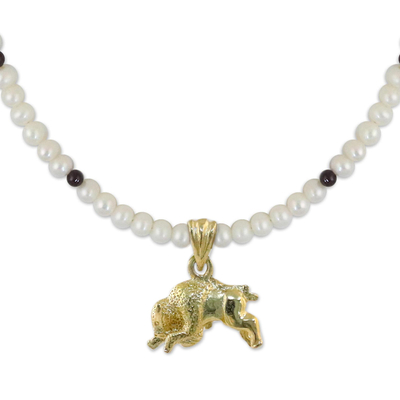 Gold Plated Cultured Pearl and Garnet Taurus Necklace