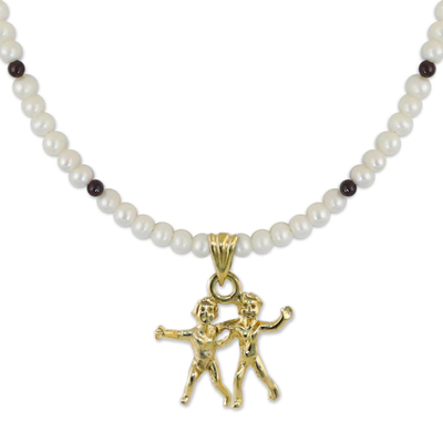 Gold Plated Cultured Pearl and Garnet Gemini Necklace