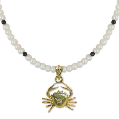 Gold Plated Cultured Pearl and Garnet Cancer Necklace