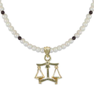 Gold Plated Cultured Pearl and Garnet Libra Pendant Necklace