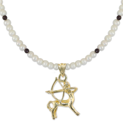 Gold Plated Cultured Pearl and Garnet Sagittarius Necklace