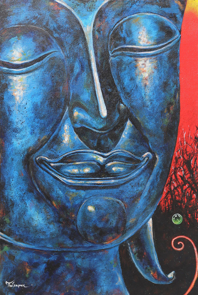 Original Signed Blue Buddha Painting from Thailand