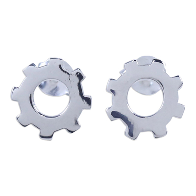 Silver Gear Earrings with High Polish Finish from Thailand