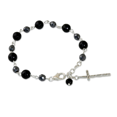 Onyx Hematite and 950 Silver Cross Bracelet from Thailand