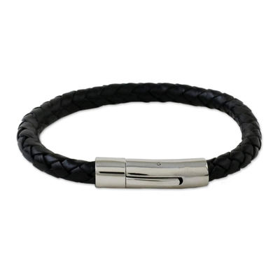 Black Braided Leather Wristband Bracelet from Thailand