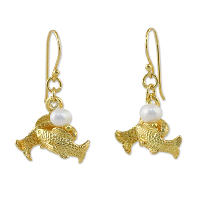 Gold Plated Cultured Pearl Pisces Earrings from Thailand