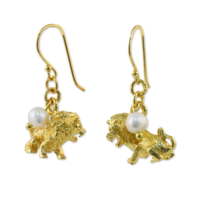Gold Plated Cultured Pearl Leo Earrings from Thailand