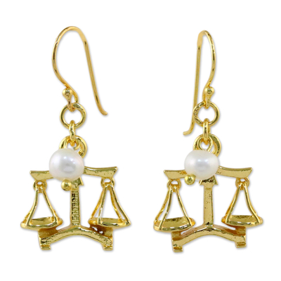 18k Gold Plated Cultured Pearl Libra Earrings from Thailand