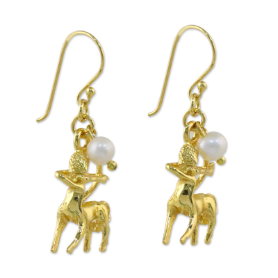 Gold Plated Pearl Sagittarius Earrings from Thailand