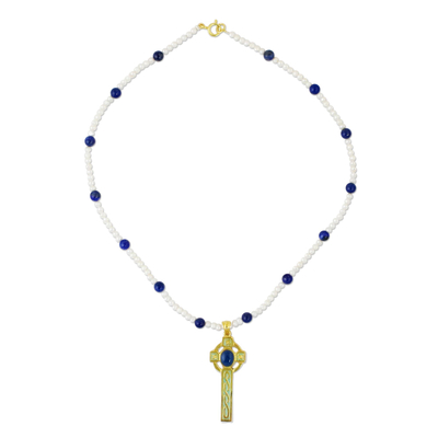 Gold Plated Cultured Pearl and Lapis Lazuli Cross Necklace