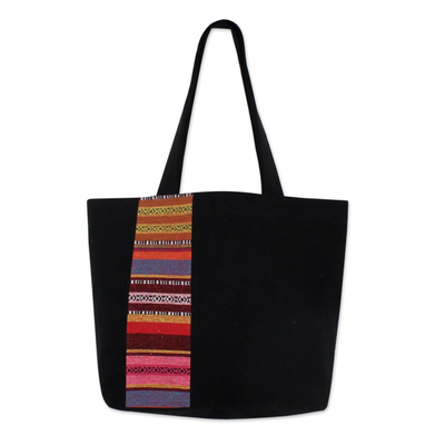 Black Cotton Tote Bag with Stripe Design from Thailand