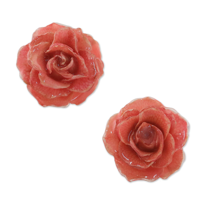Natural Rose Button Earrings in Pink from Thailand