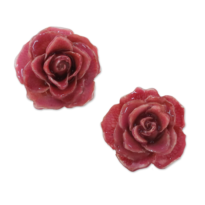 Natural Rose Button Earrings in Cerise from Thailand