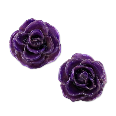 Natural Rose Button Earrings in Purple from Thailand