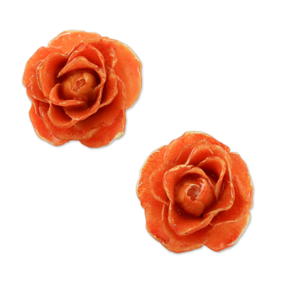 Natural Rose Button Earrings in Orange from Thailand