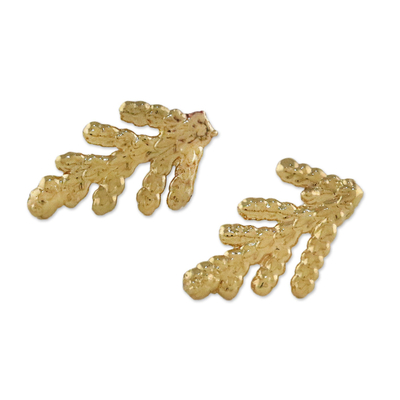 Gold Plated Natural Cypress Leaf Button Earrings