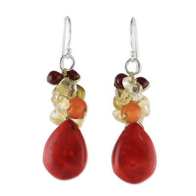 Multi-Gemstone Red Calcite Dangle Earrings from Thailand