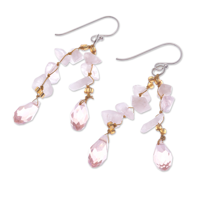 Rose Quartz and Glass Bead Dangle Earrings from Thailand