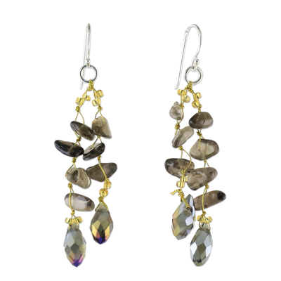 Smoky Quartz and Glass Bead Dangle Earrings from Thailand