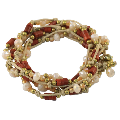 Handmade Dyed Red Calcite and Golden Brass Beaded Wrap Bracelet