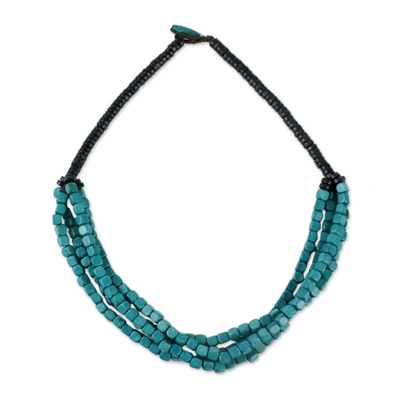 Black and Teal Cube Boxwood Beaded Torsade Necklace