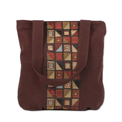 Geometric Motif Brown Cotton Tote Handbag from Thailand