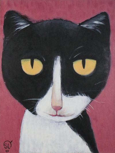 Signed Naif Painting of a Cat from Thailand