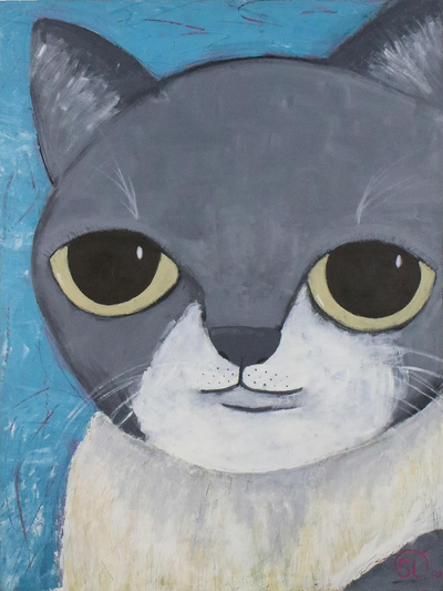 Signed Naif Painting of a Grey and White Cat from Thailand