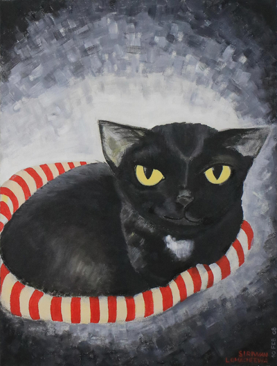 Signed Naif Painting of a Black Cat from Thailand
