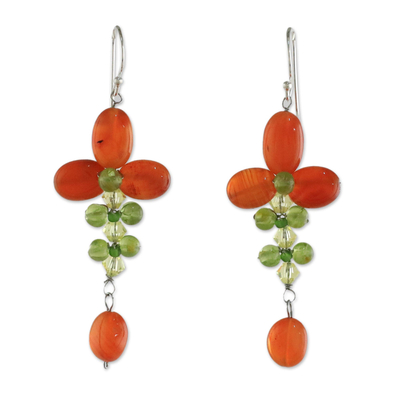 Carnelian and Peridot Floral Dangle Earrings from Thailand