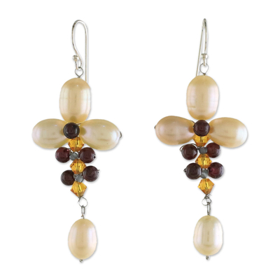 Cultured Pearl and Garnet Dangle Earrings from Thailand