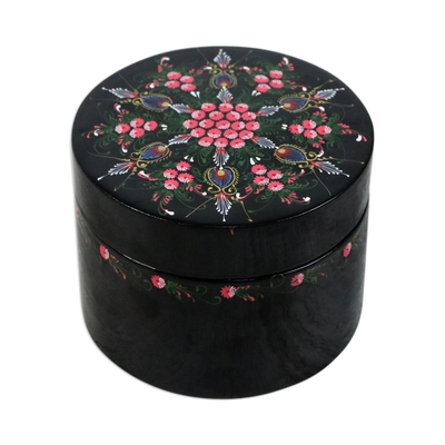 Black and Pink Floral Round Lacquered Box