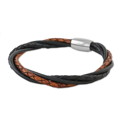 Black and Brown Leather Wristband Bracelet from Thailand