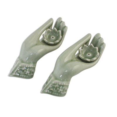 Light Green Celadon Incense Holders Set of 2 from Thailand