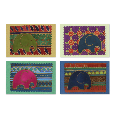 Batik Cotton and Paper Elephant Greeting Cards (Set of 4)