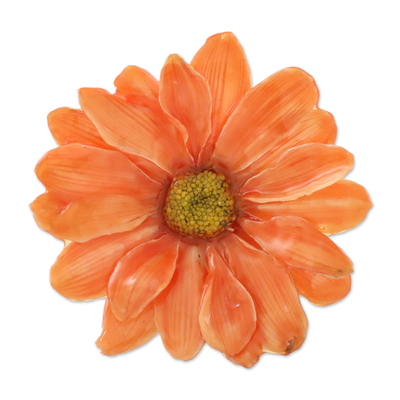 Natural Aster Flower Brooch in Tangerine from Thailand
