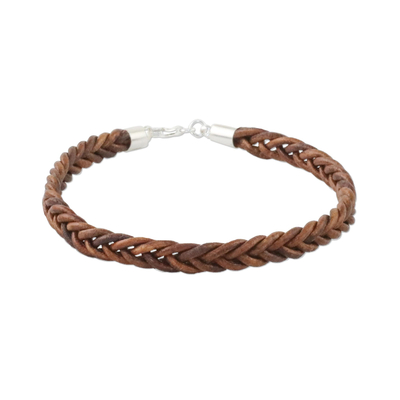 Fair Trade Braided Brown Leather Sterling Silver Clasp Wristband Bracelet