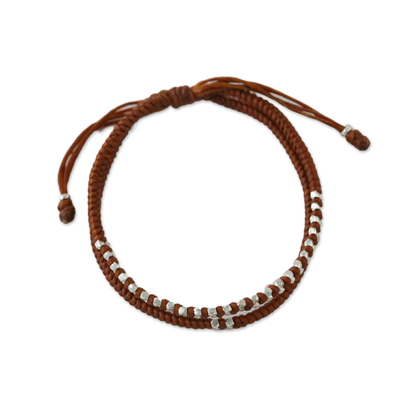 Burnt Sienna Cord Bracelet with Silver Beads