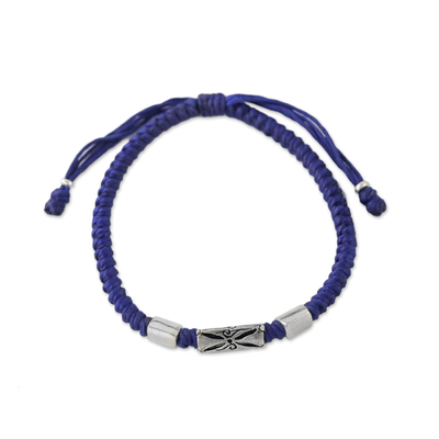 Unique Blue Geometric Fine Silver Pendant Adjustable Macrame Bracelet