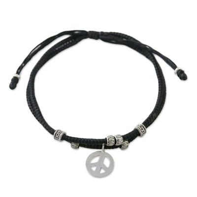 Ebony Colored Cord Beaded Bracelet with Silver Peace Charm