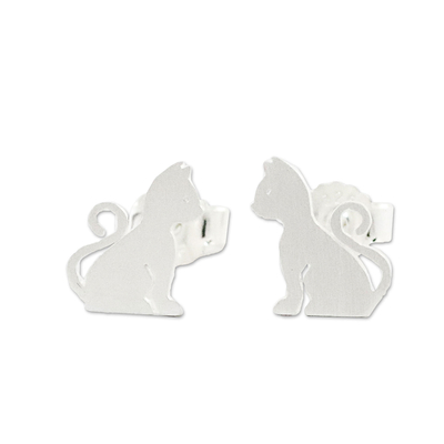 Brushed Silver Cat Stud Earrings from Thai Artisan