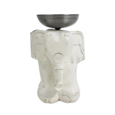 Whitewashed Wood Elephant Tealight Candle Holder