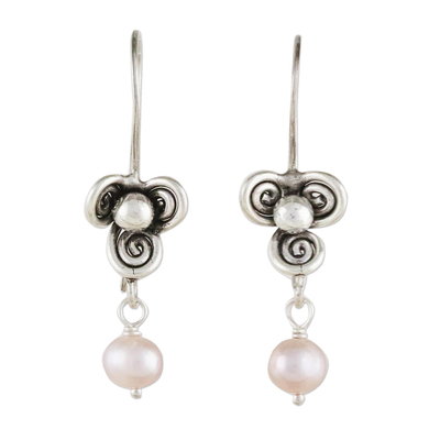 Pale Pink Cultured Pearl and 950 Silver Dangle Earrings