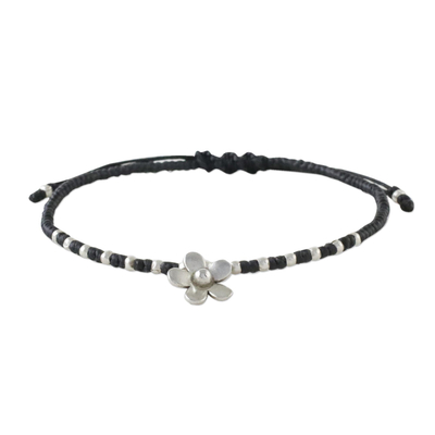 950 Silver Flower Charm Bracelet on Black Cords