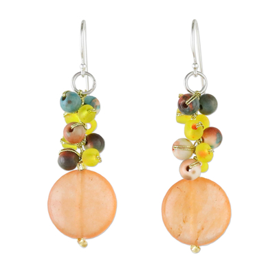 Orange Quartz and Glass Bead Dangle Earrings from Thailand