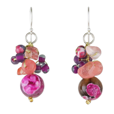 Pink Quartz and Glass Bead Dangle Earrings from Thailand