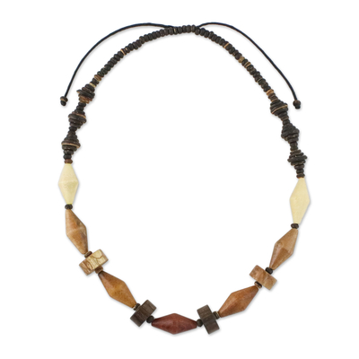 Wood and Coconut Shell Long Bead Necklace from Thailand