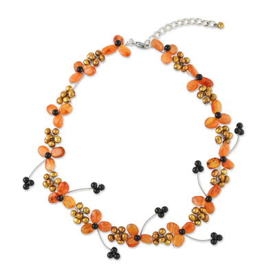 Adjustable Cultured Pearl and Carnelian Floral Necklace