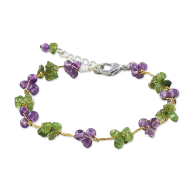 Unique Amethyst Peridot Green and Purple Beaded Bracelet on Silk Thread
