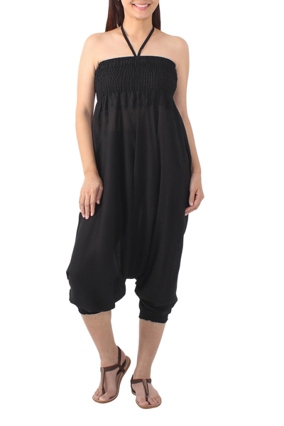 Solid Black Rayon Jumpsuit or Harem Pants from Thailand
